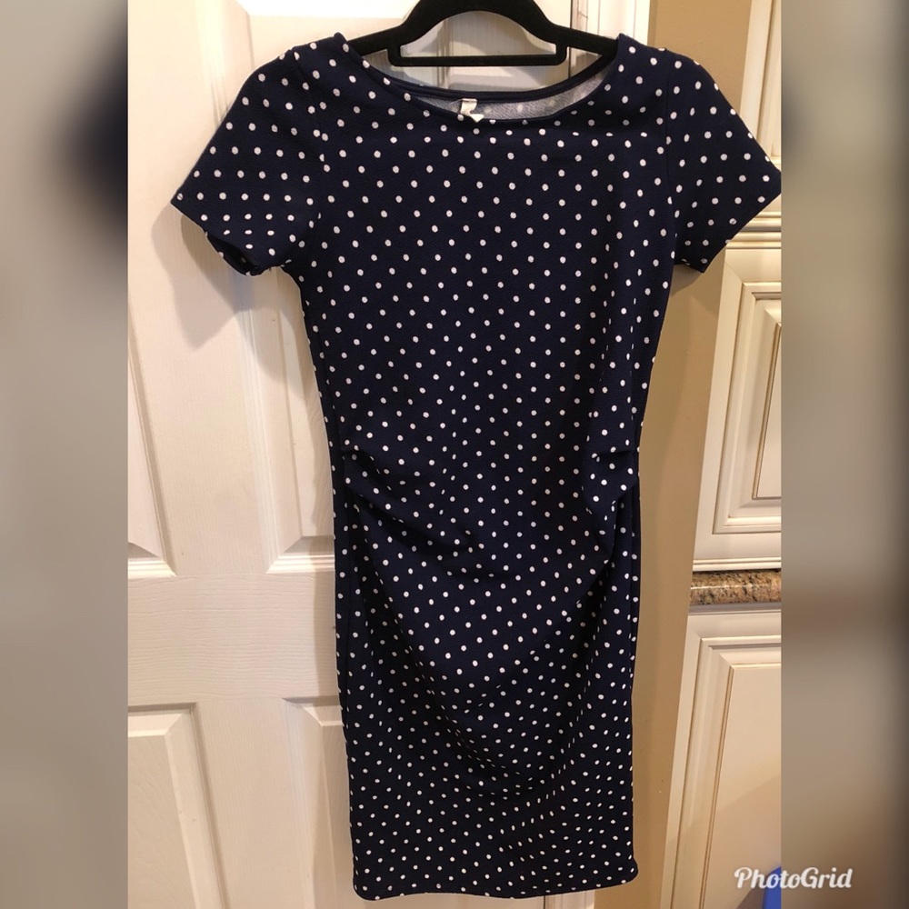 Navy and white polka dot maternity dress
